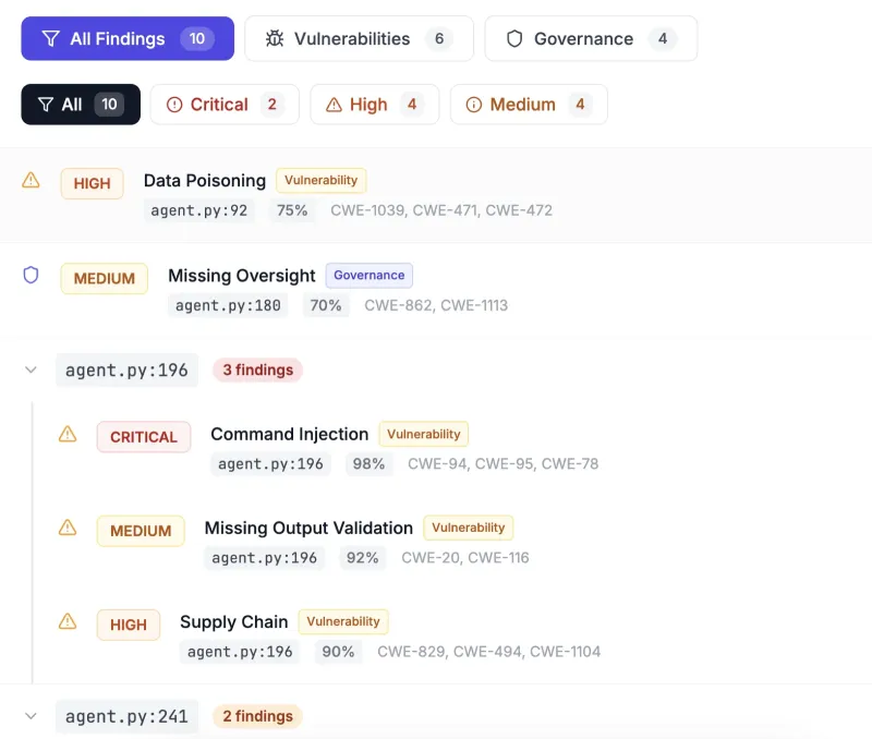 Inkog Dashboard showing security findings with severity levels and compliance mapping